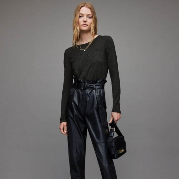 ALLSAINTS Esme Shimmers Tee Womens Large Charcoal Gray Silver Long Sleeve Crew - Picture 2 of 15